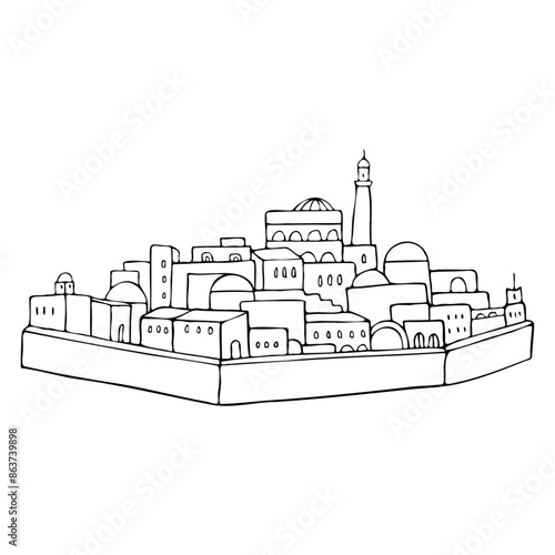 Arabic old city landscape of Saudi Arabia, Emirates Egypt or Jordan. Black and white Ink line sketch of traditional Islamic architecture with Middle East mosque minaret, houses and wall