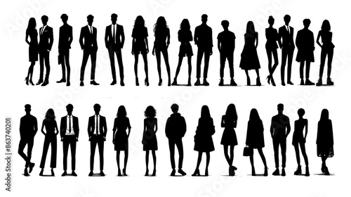 Vector silhouettes of men and a women, a group of standing business people, black color isolated on white background