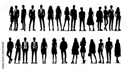 Vector silhouettes of men and a women, a group of standing business people, black color isolated on white background