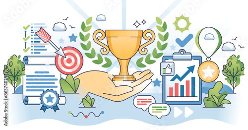 Work achievements with successful accomplishments outline hands concept. Business success with precise work accuracy vector illustration. Motivation, determination and leadership for best results.