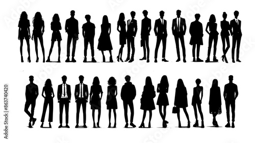Vector silhouettes of men and a women, a group of standing business people, black color isolated on white background