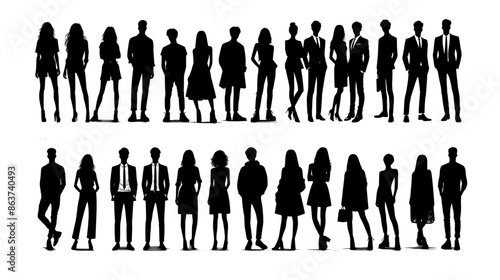 Vector silhouettes of men and a women, a group of standing business people, black color isolated on white background