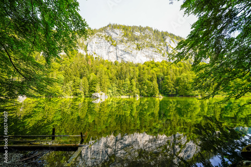 View of the Berglsteiner Lake with the surrounding green nature. Idyllic mountain lake in the Alpbachtal in Tyrol near Kufstein. Landscape in Austria.
 photo