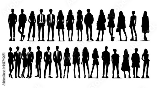 Vector silhouettes of men and a women, a group of standing business people, black color isolated on white background