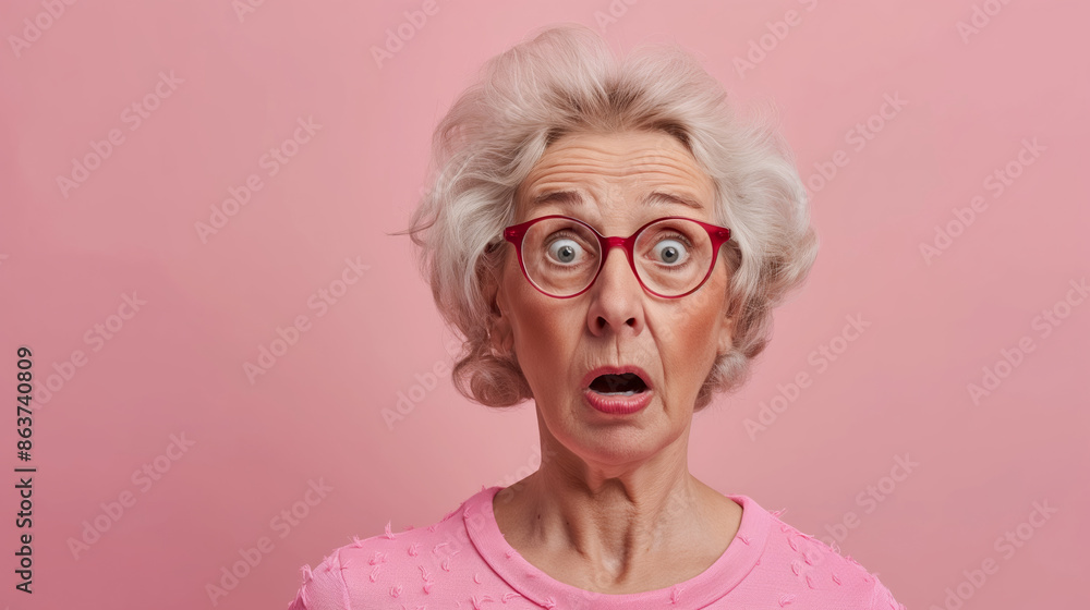 A woman with red glasses and a pink shirt is looking surprised. She has a big, wide-eyed expression on her face A woman with red glasses and a pink shirt is looking surprised. She has a big, wide-eyed expression on her face