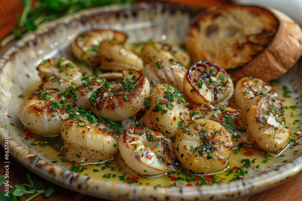 A plate of escargot, served in a garlic butter sauce with fresh herbs and a side of toasted baguette slices. A plate of escargot, served in a garlic butter sauce with fresh herbs and a side of toasted baguette slices.