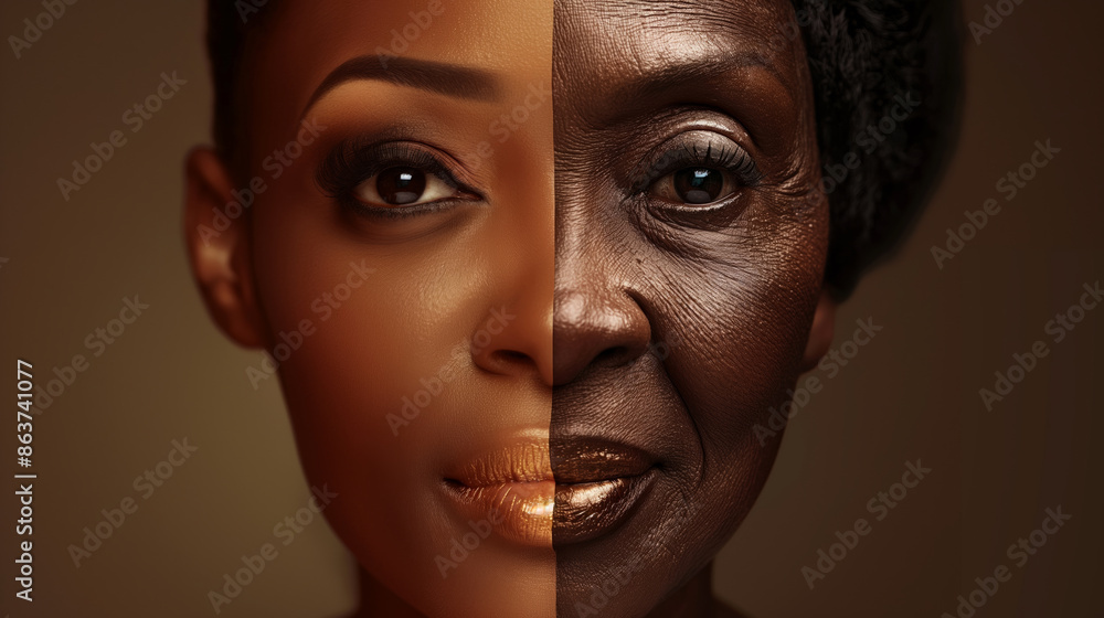 Two women's faces, one is young and the other is old. The young woman has a gold lip color and the old woman has a gold lip color as well Two women's faces, one is young and the other is old. The young woman has a gold lip color and the old woman has a gold lip color as well