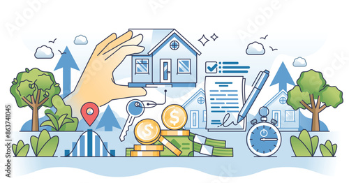 Real estate investment and house sale bank agreement outline hands concept. Residential property mortgage price calculation or buying home as private assets for financial profit vector illustration.