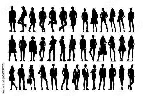 Vector silhouettes of men and a women, a group of standing business people, black color isolated on white background