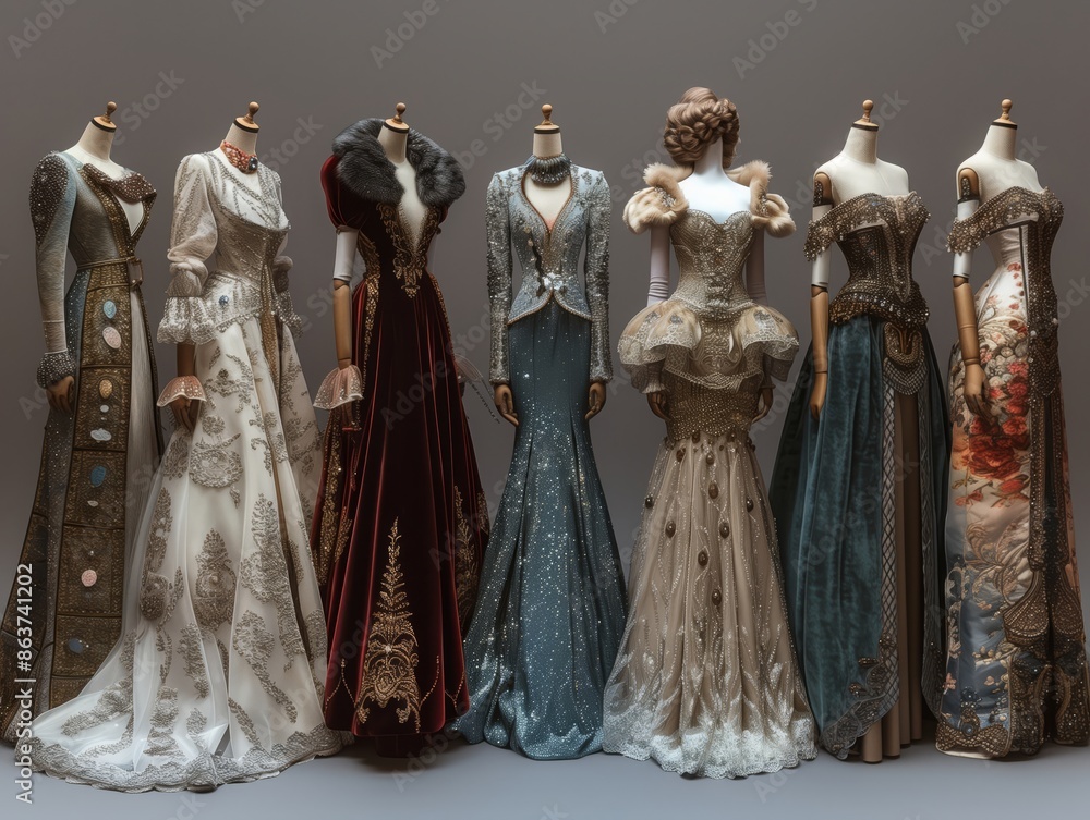 Naklejka premium Arctic Glamour- High-fashion outfits for youth are designed with glamorous icy elements and luxurious fabrics. Envision floor-length velvet gowns with faux fur stoles, embellished