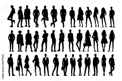 Vector silhouettes of men and a women, a group of standing business people, black color isolated on white background
