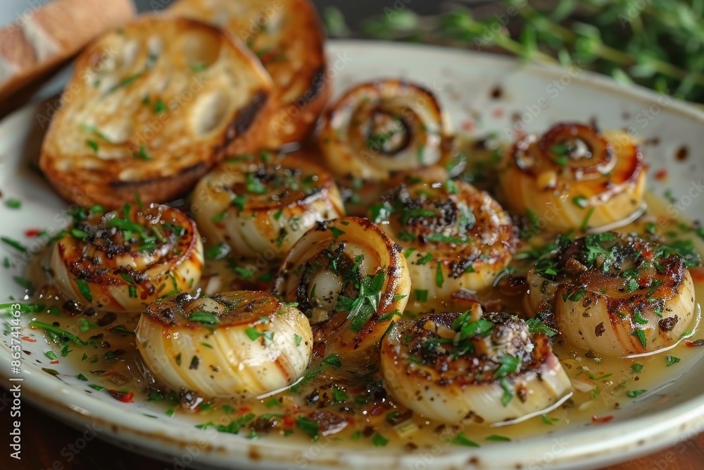 A plate of escargot, served in a garlic butter sauce with fresh herbs and a side of toasted baguette slices. A plate of escargot, served in a garlic butter sauce with fresh herbs and a side of toasted baguette slices.