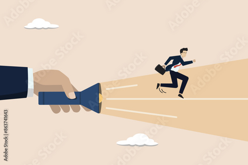 Business direction guidance, career path to business success, boss support, finding the way concept, businessman running forward on flashlight beam.