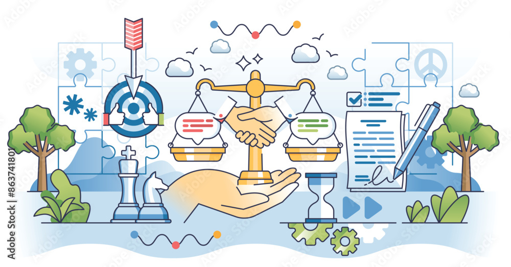 Obraz premium Negotiation skills for business deal and agreements outline hands concept. Strategy and plan for work contract vector illustration. Communication management, cooperation and work partnership.