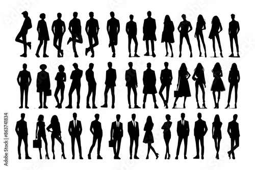 Vector silhouettes of men and a women, a group of standing business people, black color isolated on white background