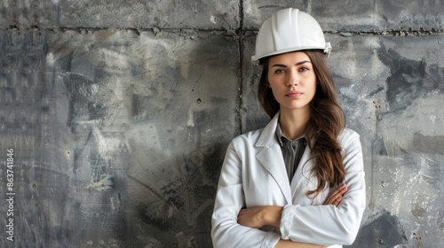 Young architect woman wearing white helmet on wall background © Jayk