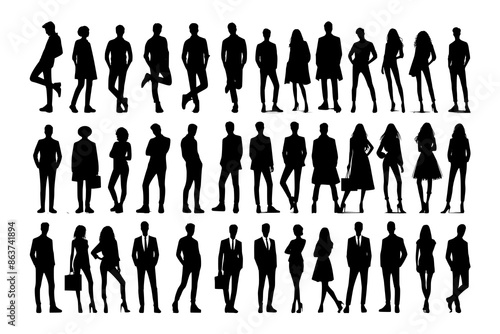 Vector silhouettes of men and a women, a group of standing business people, black color isolated on white background