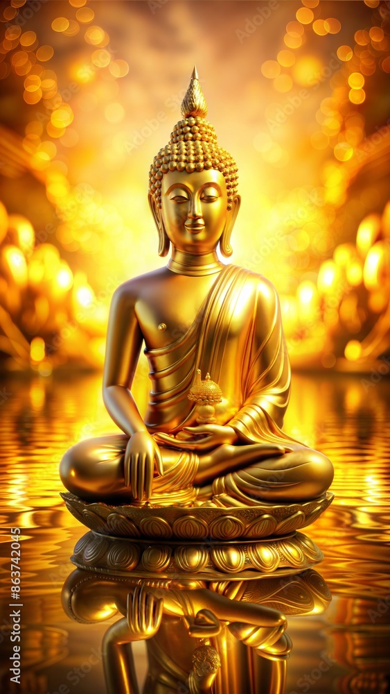 Fototapeta premium Golden statue of Buddha in a peaceful pose, likely found in a Thai temple