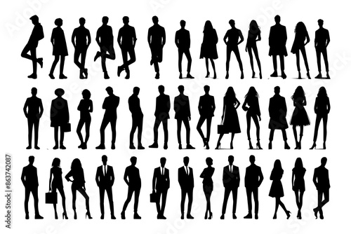 Vector silhouettes of men and a women, a group of standing business people, black color isolated on white background