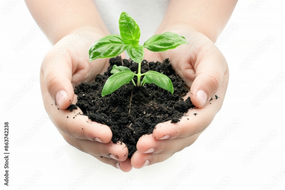 Plant in hands isolated, young sprout, new plant growing in soil, organic farming, environment care, earth day Plant in hands isolated, young sprout, new plant growing in soil, organic farming, environment care, earth day