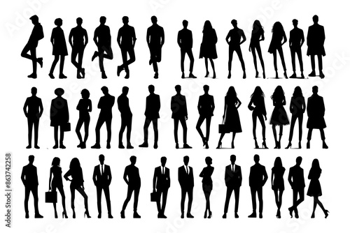Vector silhouettes of men and a women, a group of standing business people, black color isolated on white background