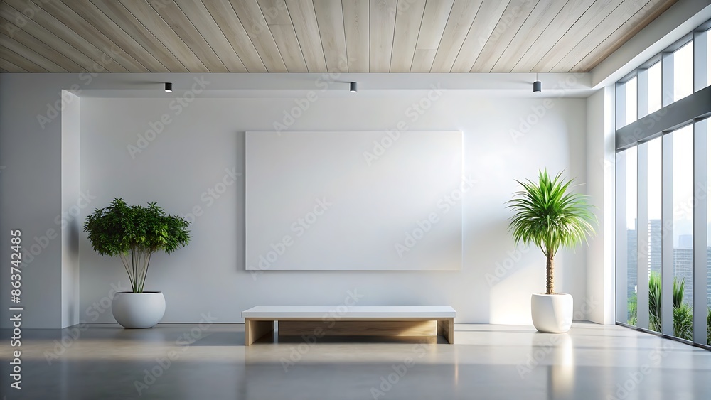 Fototapeta premium Minimalist White Room With Large Blank Canvas and Window View.