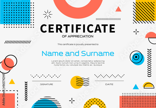 Certificate template memphis background with abstract shapes. Vector diploma, appreciation frame with vibrant colors, placer for recipient name, date and signature, surrounded by geometric elements