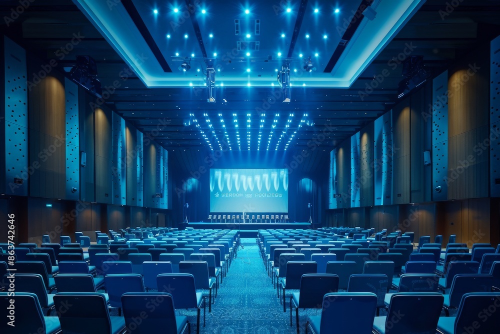 Fototapeta premium A Blue-Lit Conference Hall Awaits Attendees in the Evening