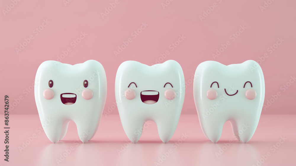 Three Cartoon Teeth Smiling With Happy Faces And Blush Cheeks On Pink Background Three Cartoon Teeth Smiling With Happy Faces And Blush Cheeks On Pink Background