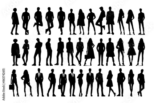 Vector silhouettes of men and a women, a group of standing business people, black color isolated on white background