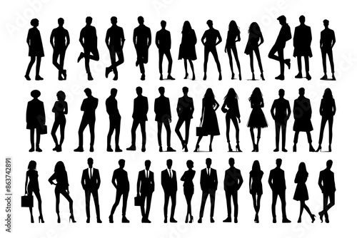 Vector silhouettes of men and a women, a group of standing business people, black color isolated on white background