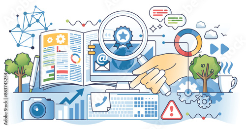 Data journalism with information analyze and research outline hands concept. Online literature analysis with investigation and fact checkup vector illustration. Searching for info in news website.