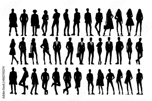 Vector silhouettes of men and a women, a group of standing business people, black color isolated on white background