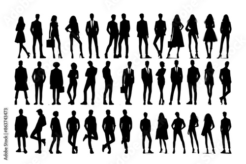 Vector silhouettes of men and a women, a group of standing business people, black color isolated on white background