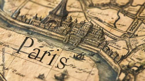 Close-up of Paris labeled on an 18th-century antique map.