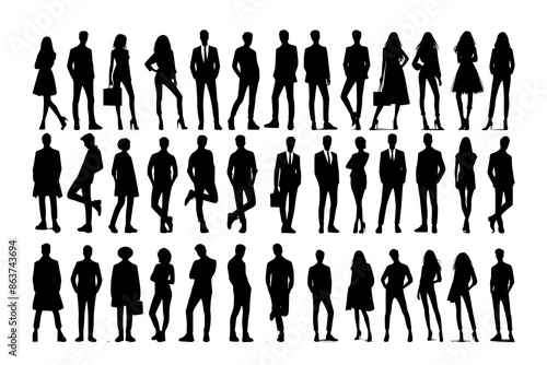 Vector silhouettes of men and a women, a group of standing business people, black color isolated on white background