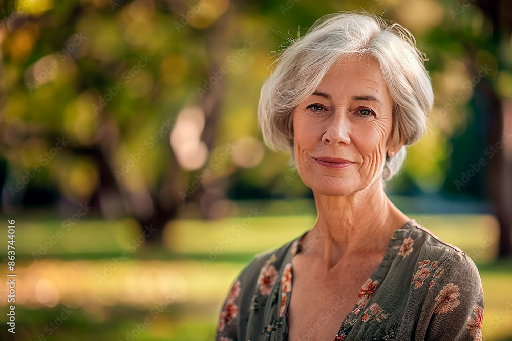A serene portrait of an elderly woman with short gray hair standing in a sunny park, wearing a floral dress and smiling gently, with blurred greenery in the background A serene portrait of an elderly woman with short gray hair standing in a sunny park, wearing a floral dress and smiling gently, with blurred greenery in the background