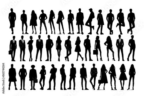 Vector silhouettes of men and a women, a group of standing business people, black color isolated on white background
