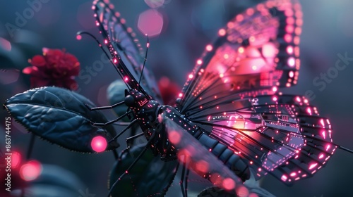 Digital Neon Butterfly in a Futuristic Garden at Dusk photo