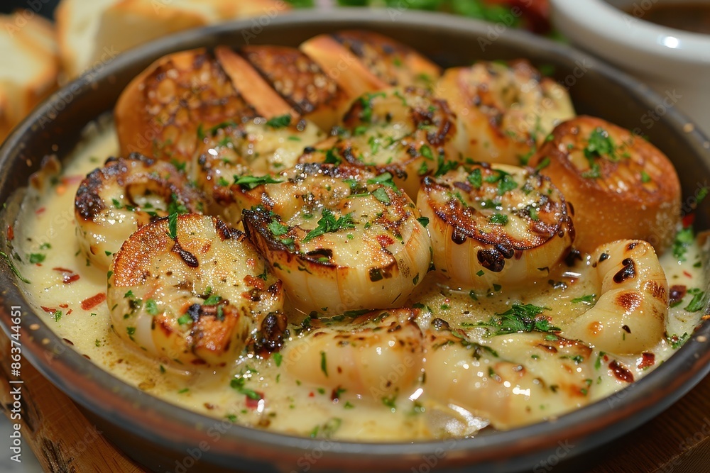 A plate of escargot, served in a garlic butter sauce with fresh herbs and a side of toasted baguette slices. A plate of escargot, served in a garlic butter sauce with fresh herbs and a side of toasted baguette slices.
