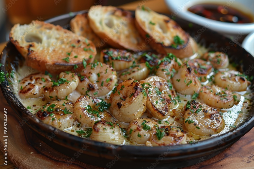 A plate of escargot, served in a garlic butter sauce with fresh herbs and a side of toasted baguette slices. A plate of escargot, served in a garlic butter sauce with fresh herbs and a side of toasted baguette slices.