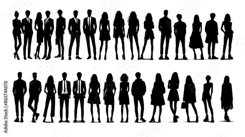Vector silhouettes of men and a women, a group of standing business people, black color isolated on white background