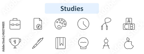 Studies set icon. Briefcase, report card, color palette, clock, jump rope, ABC blocks, trophy, pen, bookmark, globe, compass, apple. School, education, academic achievement, learning tools concept.