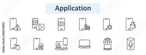 Application set icon. Mobile warning, keypad, play button, coins, settings, wallet, touch, calculator, video call, laptop, globe, microphone. Digital interface and utility concept.