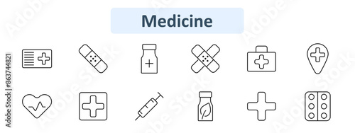 Medicine set icon. Medical card, bandage, pill bottle, cross, first aid kit, heart rate, syringe, herbal bottle, hospital location. Healthcare, medical treatment, emergency care, pharmacy concept.