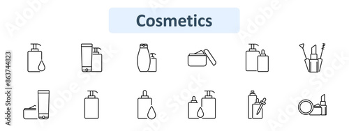 Cosmetics set icon. Lotion bottles, shampoo, cream jar, makeup brushes, mascara, lip gloss, cosmetic tube, dropper bottle, spray, compact powder. Beauty, skincare, makeup products, personal care
