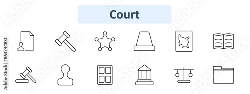 Court set icon. Document with stamp, judge's gavel, sheriff's badge, courthouse, legal document, open book, gavel and block, notary seal, courthouse building, scales of justice