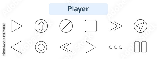 Media player icon set. Play, forward, pause, stop, rewind, next, previous, shuffle, repeat, volume, mute, eject. Audio, video, multimedia concept.