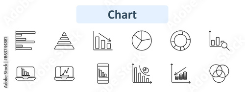 Chart icon set. Bar graph, pyramid, pie chart, line graph, doughnut chart, financial report, laptop analytics, mobile data, coins, growth chart. Data visualization, statistics, analysis concept.