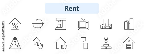 Rent set icon. House with percentage, bathtub, coffee machine, TV, building, map, house with hand, house with shield, office desk, crane, warehouse. Property rental, leasing, housing market, amenities